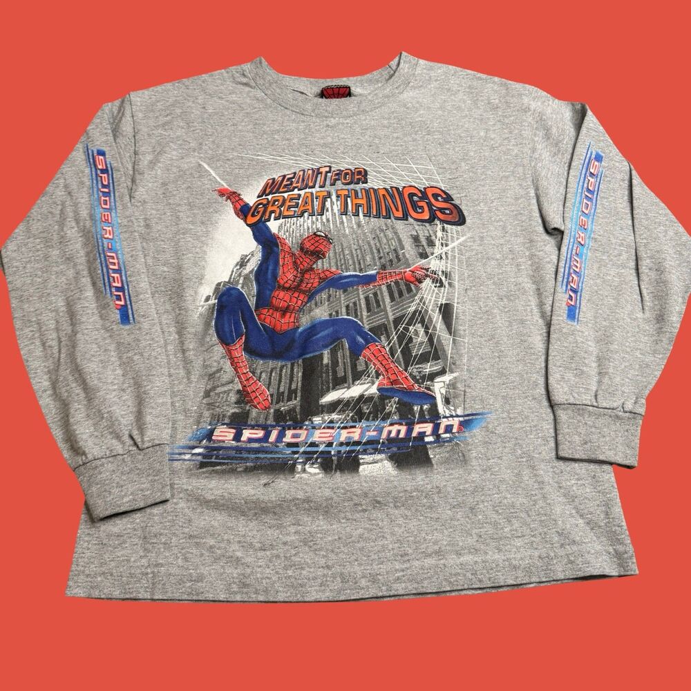 2002 Spiderman Youth XL Gray Long Sleeve T Shirt Marvel Superhero Vintage